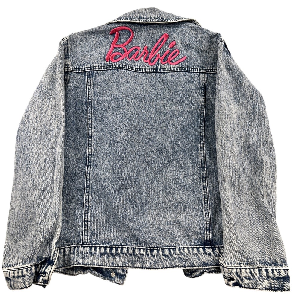 Barbie Acid Wash Denim Jacket XL Blue Women Embroidered Pink Logo Mattel Y2K